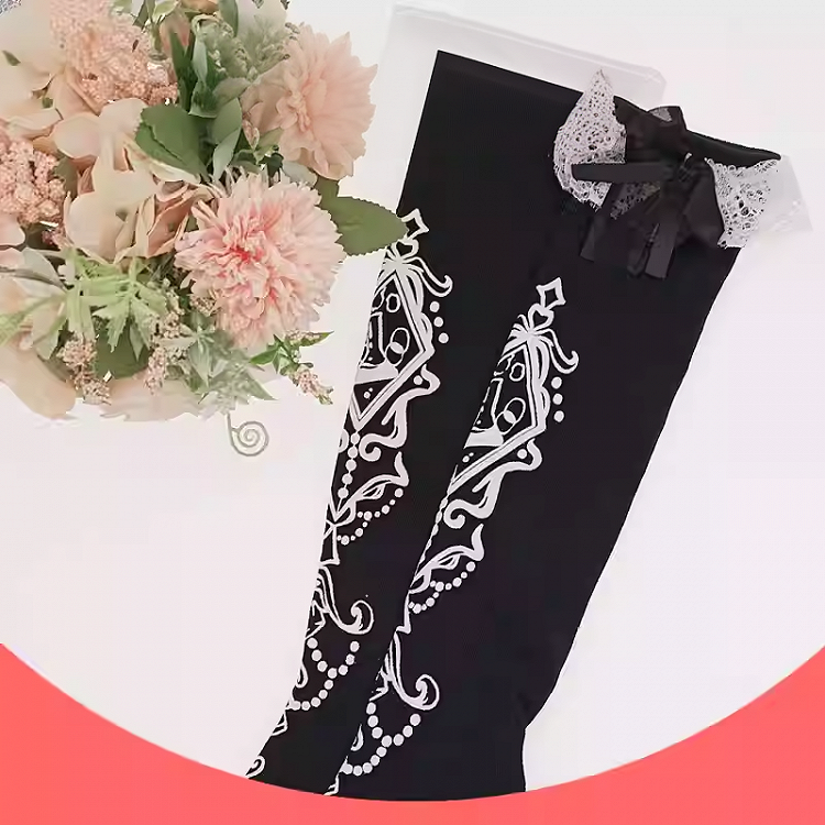 Black Ruffled Lace Cuff Printed Lolita  Under Knee Stockings