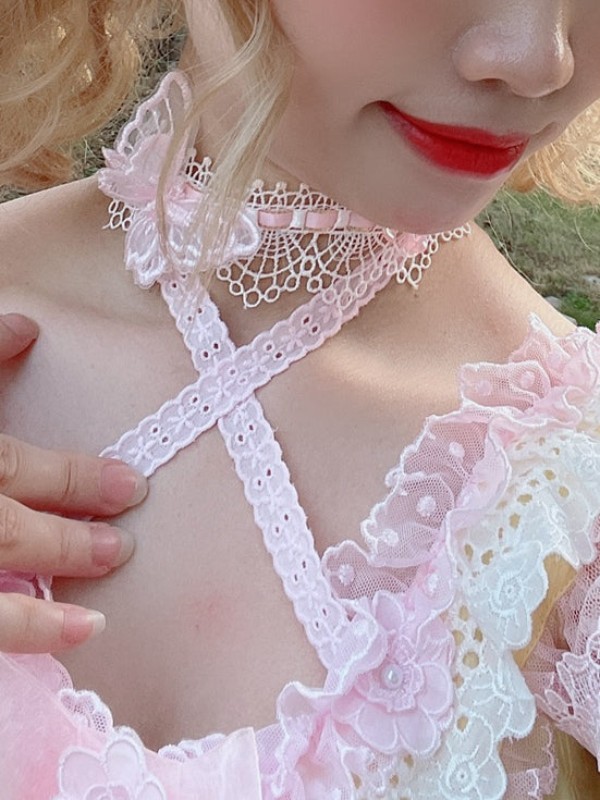 Butterfly Decorated PinkWhite Lolita Choker Trim Lace Sweet
