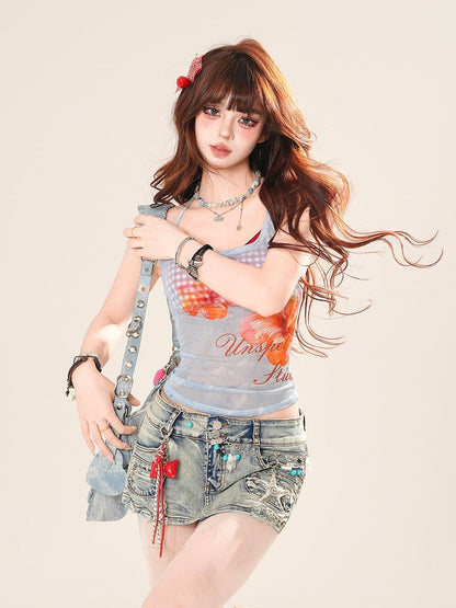 Pink/Blue Floral Print Semi-Sheer Halter Neck Top with Red Plaid Camisole Set