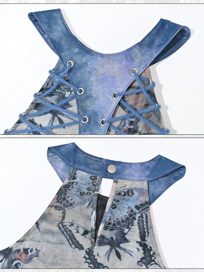 Grunge Punk Rock Fairycore Blue Butterflies Mesh Patchwork Halter Neck Top Lace-up Detail