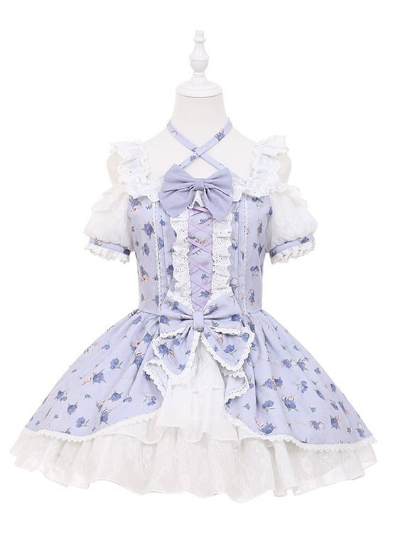 OP Neck Sweet Lolita Dress Purple Hydrangea Print Open Shoulder Halter Light