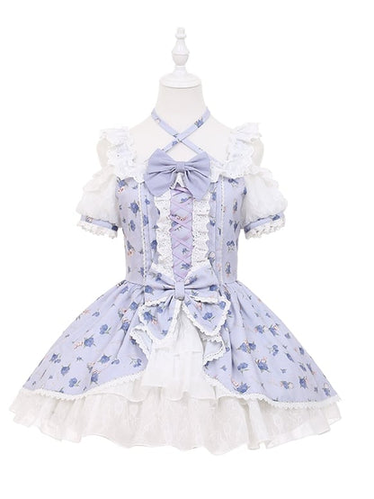 OP Neck Sweet Lolita Dress Purple Hydrangea Print Open Shoulder Halter Light