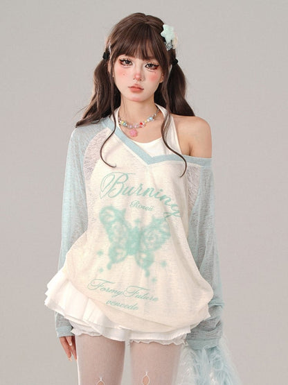Set Green V-Neck Long Sleeve with White Halter Neck Tank Butterfly  Letter Print Sheer Mint