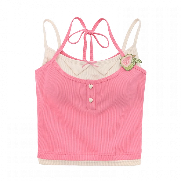 Pink Guava Applique Self-tie Halter Neck Top Faux Two-pieces