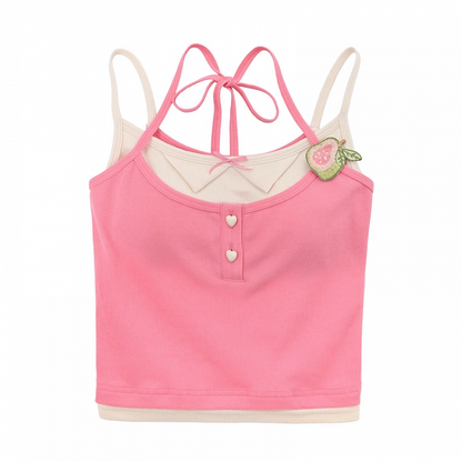 Pink Guava Applique Self-tie Halter Neck Top Faux Two-pieces