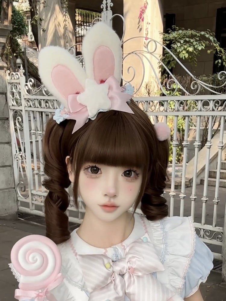 / Lolita Süße Ohren und Mütze Rosa Häschen Plüsch Mini Gelb Blau
