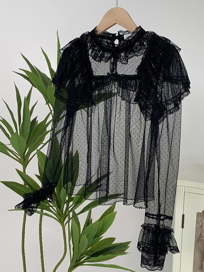 Sheer Lace Dots Black Tulle Top Long Sleeves