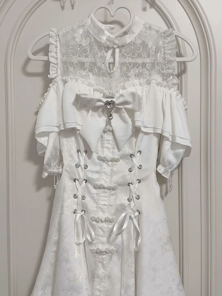 Style Illusion Bow Tie Mini Dress Set- Kei Cheongsam White + Shorts Jirai Neckline + Bell Sleeves
