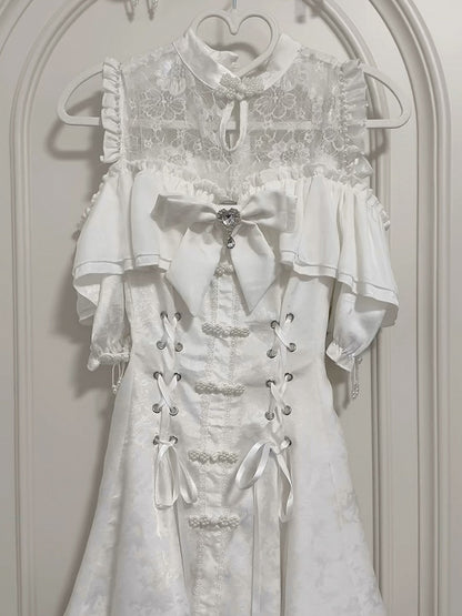 Style Illusion Bow Tie Mini Dress Set- Kei Cheongsam White + Shorts Jirai Neckline + Bell Sleeves