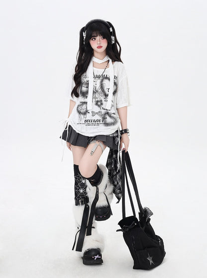 Black/White Drawstring Side Bowknots Print T-Shirt with Free Scarf