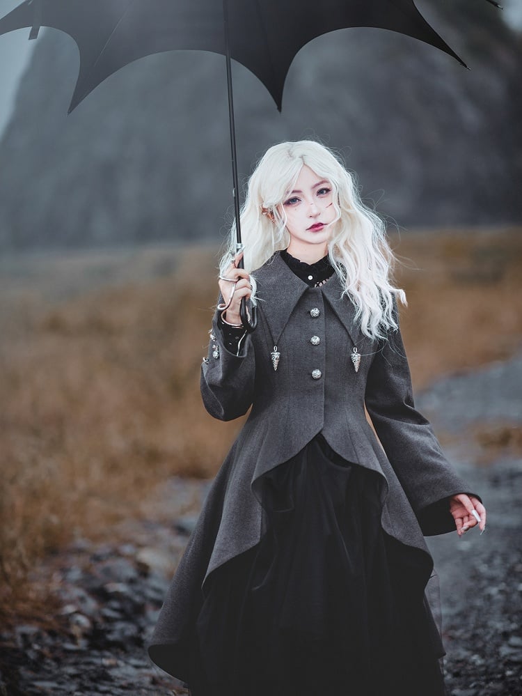 Dark Gray Pointed Flat Collar Gothic Lolita High-low Hem Coat