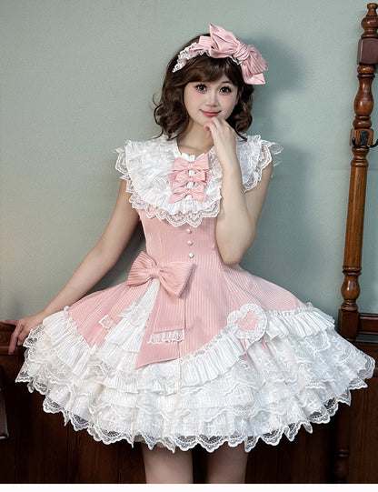 Pink Striped Fabric Slim Fit Waist White Layered Ruffle Neck Sweet Lolita Sleeveless Dress