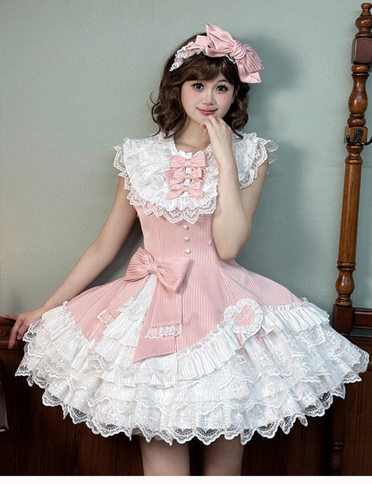 Robe Lolita sans manches en tissu rayé rose, coupe ajustée, col à volants superposés, blanche