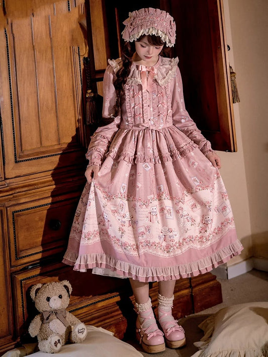 Robe Lolita rose à manches longues et motif floral et chaton