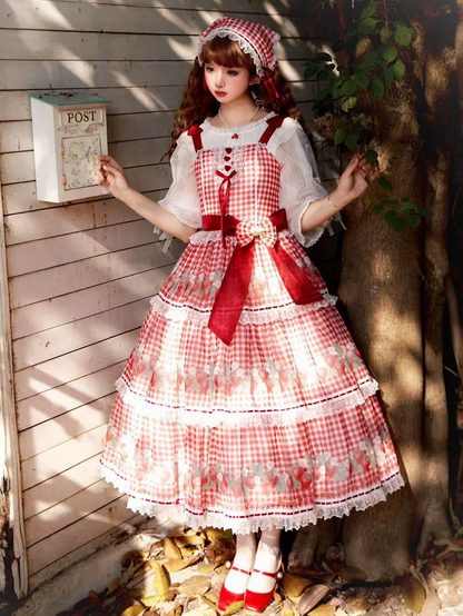 Robe vichy pique-nique Lolita rouge à imprimé fraises et jupe pull Sweet Lolita