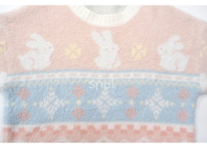 Pink Cute Bunnies Pattern Round Neck Soft Sweater