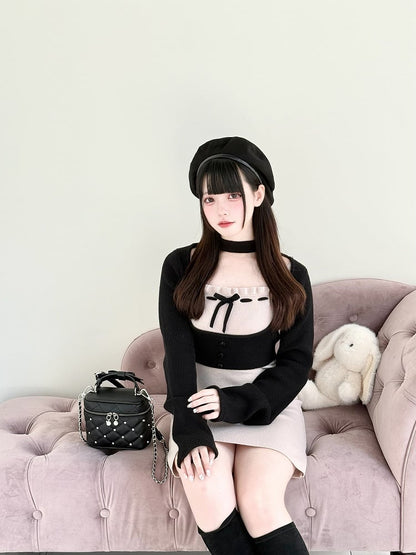 Slip Two-Piece with Dress Set: Black Kei Top Jirai Elegant Open-Bust Pink