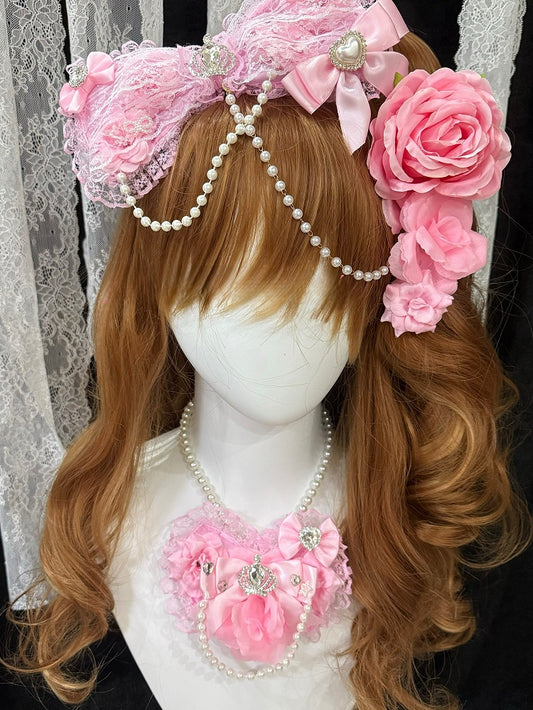 Floral Trim 3 Hairclips Bowknot Lace Bead Crown And Hairclip Rhinestone Chain With Decorated Heart Pink