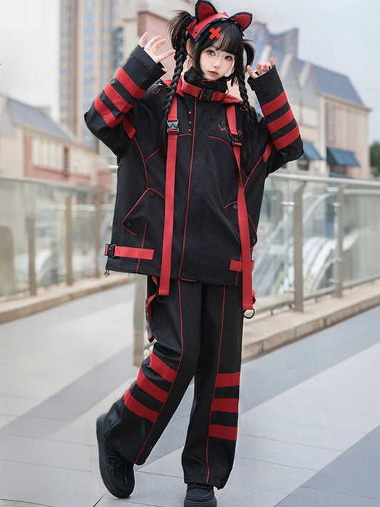 Black and Red Striped Futuristic Cyber Fashion Outfit - Windbreaker Jacket + Shorts/Pants + Leg Warmers Full Set