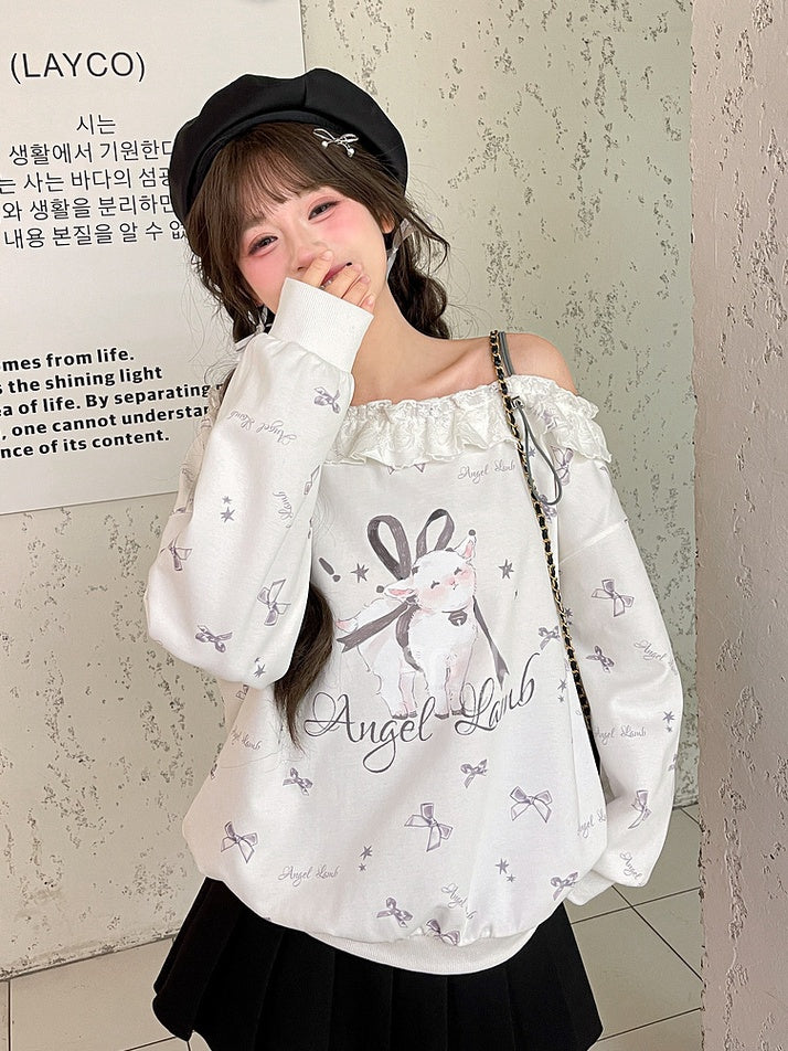 Ruffled Asymmetrical Lamb and Bow Print White Neckline Sweatshirt