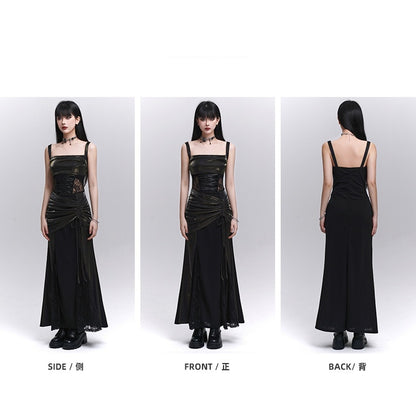 Waist Drawstring Black Lace Hip Sleeveless Dress Patches