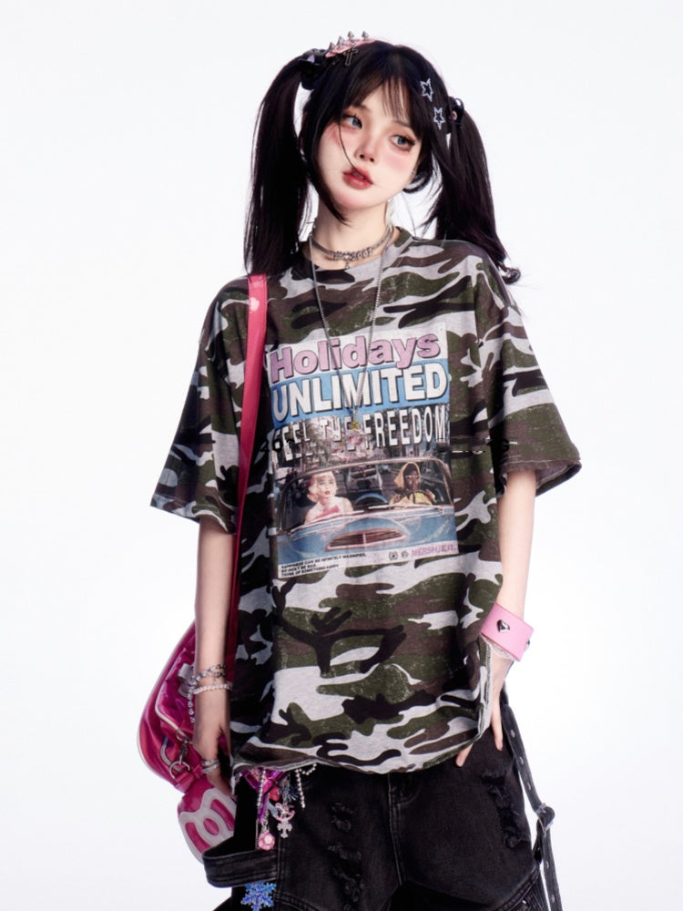 Camouflage Rundhals Buchstabendruck Vintage Loses T-Shirt