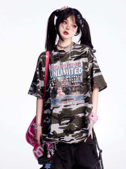 Camouflage Rundhals Buchstabendruck Vintage Loses T-Shirt