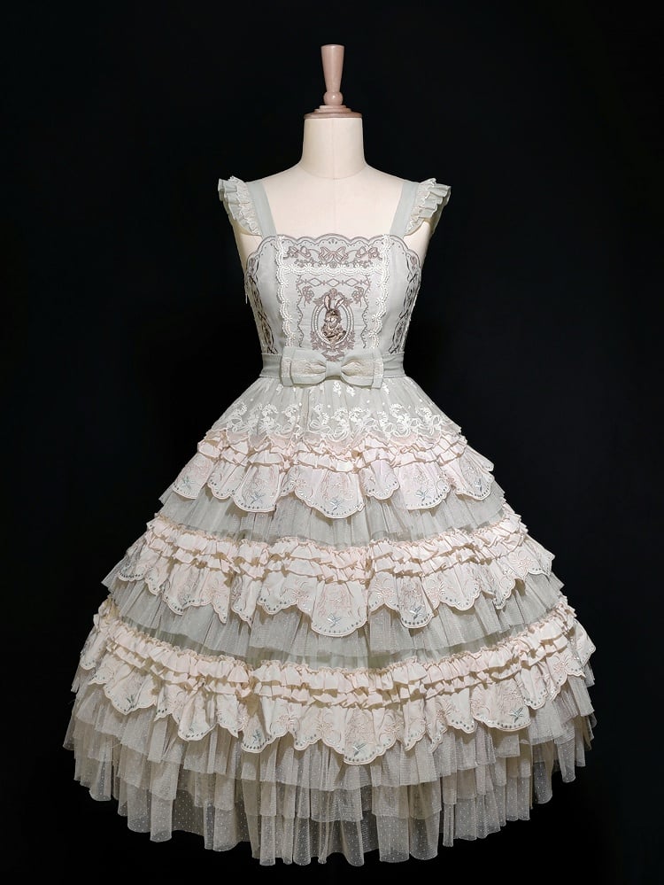 Robe Lolita vert clair à jupe superposée et motif lapin
