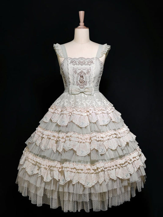 Robe Lolita vert clair à jupe superposée et motif lapin