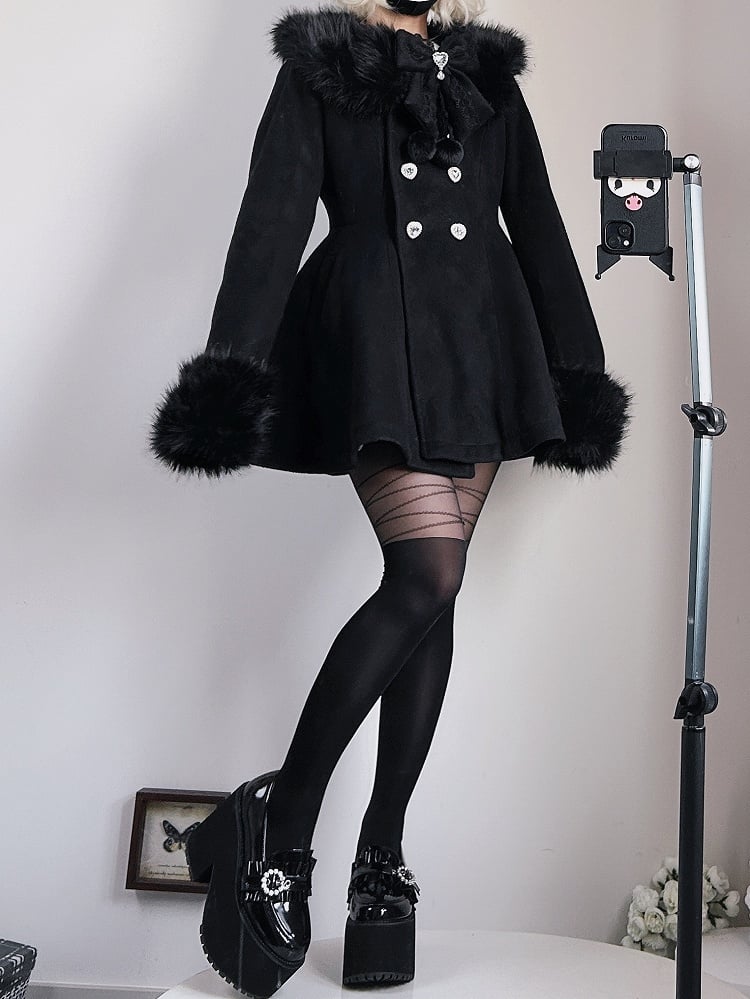 Jirai Kei Black Detachable Plush Collar and Cuffs Landmine Style Woolen Coat with Bow