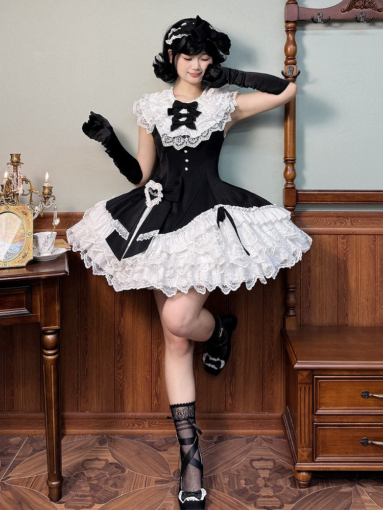 Black Striped Fabric Slim Fit Waist Lolita Sleeveless Dress with White Layered Ruffle Neck and Hem