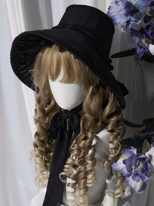 and Bonnet Bow with Trim Wide-Brimmed Lolita Lace Detail Black/Gray/Brown