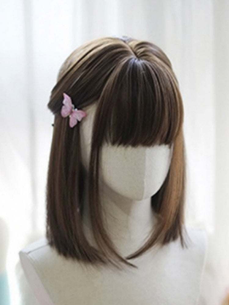 Dark Brown Bob Cut Shoulder Length Straight Wig With Full Bangs