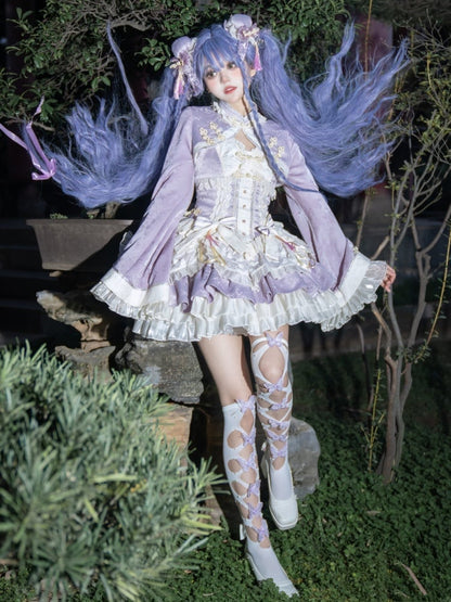 Robe Lolita Qi à taille corset violette avec gros nœud à la taille