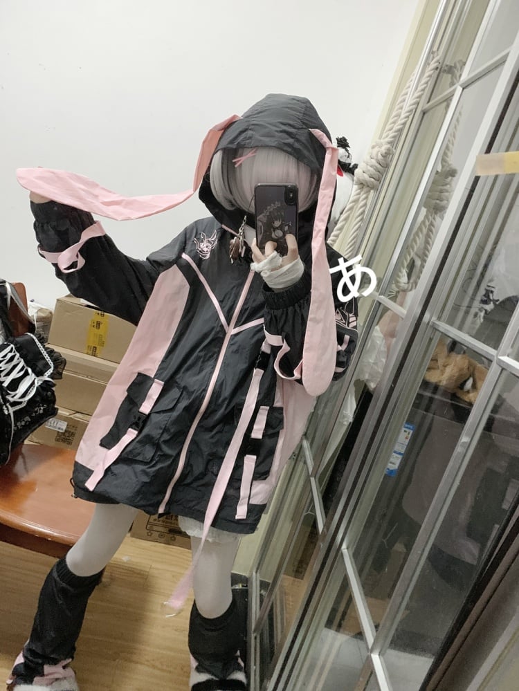 Black & Pink Bunny Ear Colorblock Jirai Kei Hooded Jacket/Leg Warmers