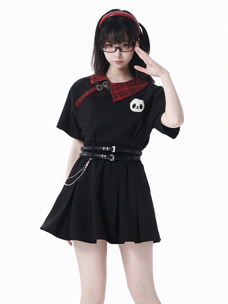 T-Shirt with Panda Straps Plushie Red Plaid Collar Black Buckle
