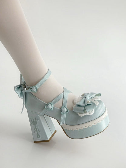 Blue Lolita Lace Bowknot Buckle Straps Fork Platform Block High Heels
