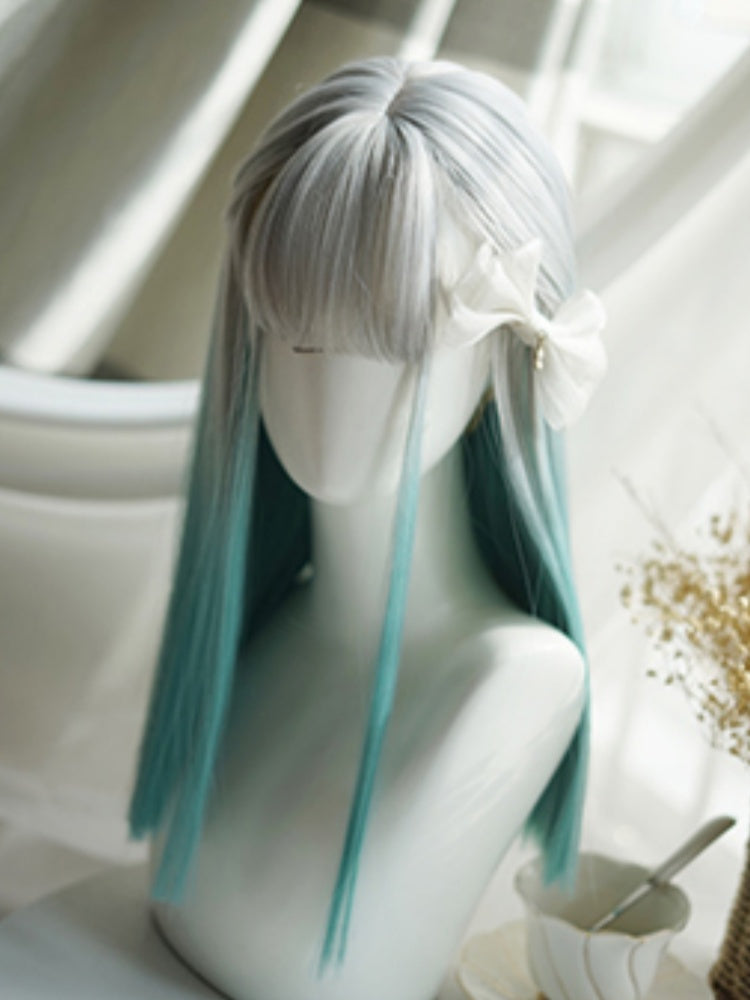 Grey-green Ombre Hair Color Above Bust Length Straight Wig With Full Bangs