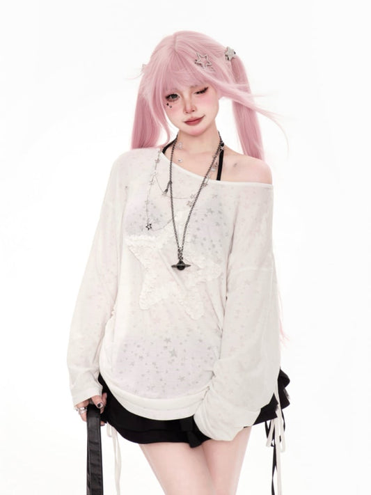 White Asymmetrical Neckline Ruffled Star Drawstring Side Coverup