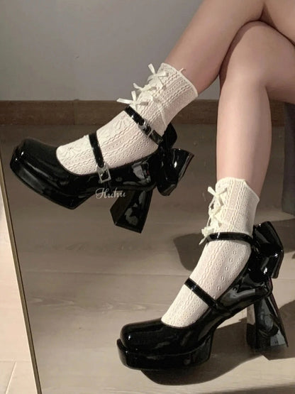 Block Heels Heel Black and with Bow Platform Cut-Out Celestial Y2K Moon High Back Star Buckles -