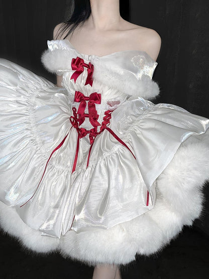 Snowy White Christmas Dress Red Bows Adorned Basque Waist Dress with Big Bow Cascading Train