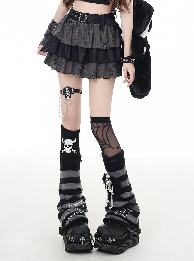 Stufenrock Grau Distressed Löcher Gefüttert