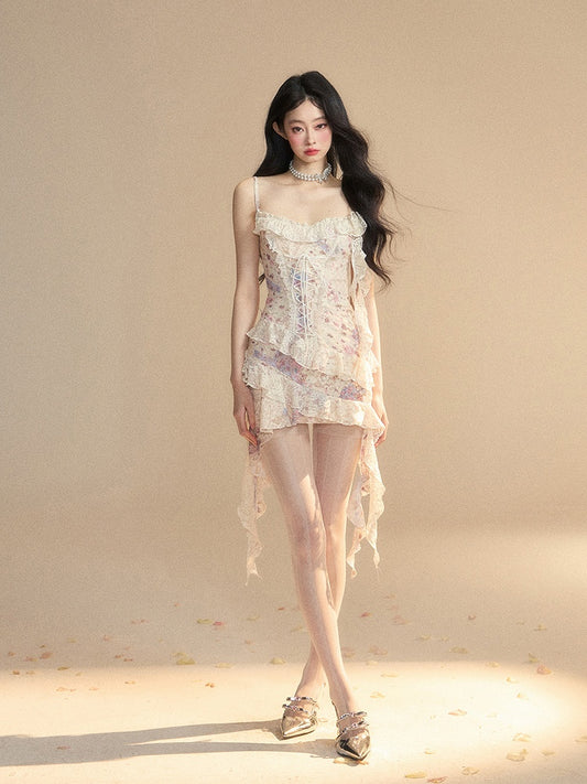 Dress with Lace-up Detail Hem Floral Apricot Ruffled at Slip Asymmetrical Front
