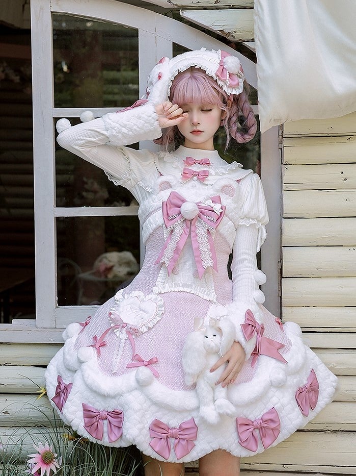 White Bow Applique Sweetheart Plush Pink Details Lolita Dress with and Sweet Accents