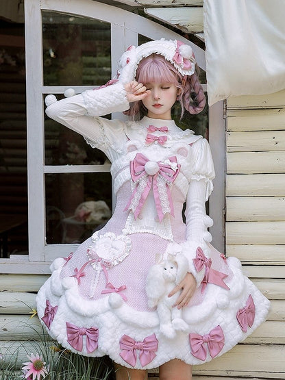 White Bow Applique Sweetheart Plush Pink Details Lolita Dress with and Sweet Accents