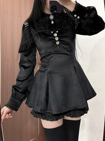 Black Jirai Kei Set Lace Patches Velvet Landmine Style Dress + Bow Tie + Ruffle Cuffs Shorts