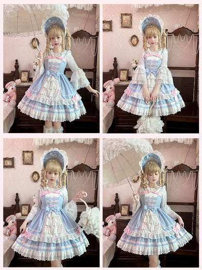 Lace Tiered Trim Sweet Lolita Dress Pink Bowknots Blue JSK