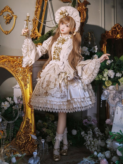 Velvet Candlestick Cream Sleeves Bell Embroidery Dress and Candle