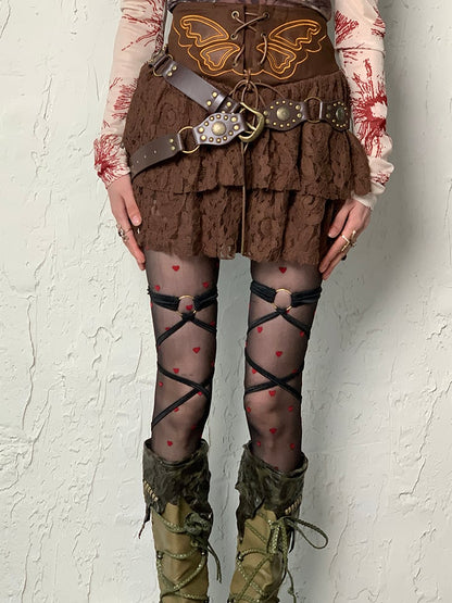 Red Black Heart Pattern Y2K Tights