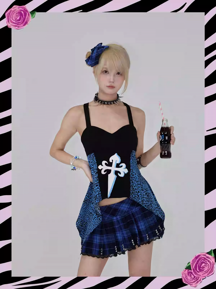 Haut sans bretelles noir glamour à patchs léopard bleus Gyaru des années 2000